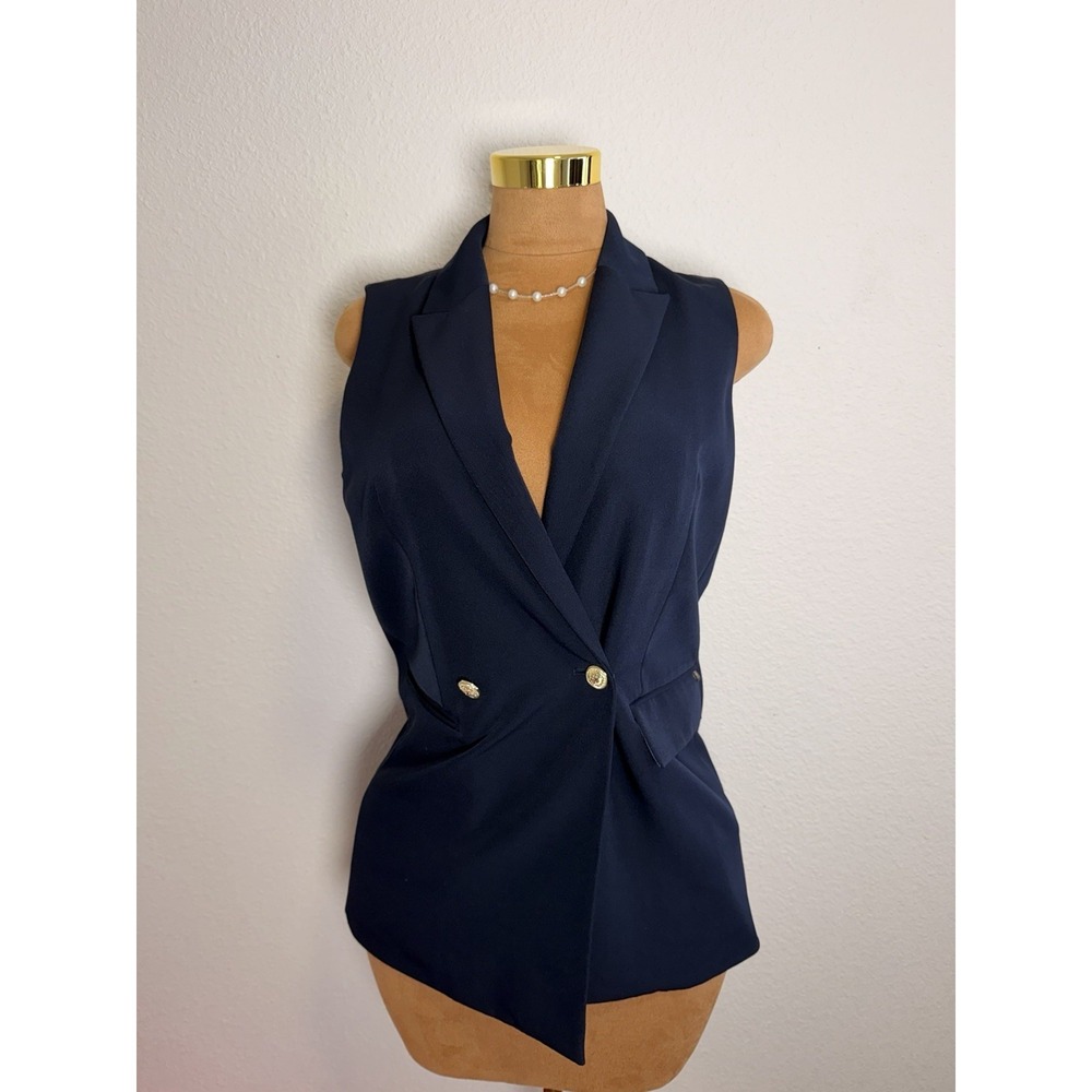 Tommy Hilfiger Navy Twill Button Front Lined Sleeveless Blazer Vest Womens 2